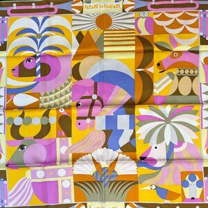 Hermes Scarf Parade en Fanfare 90 NWT Yellow, Pink, Blue, Lavendar
